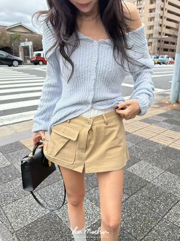 腰拼色兩扣單口袋褲裙